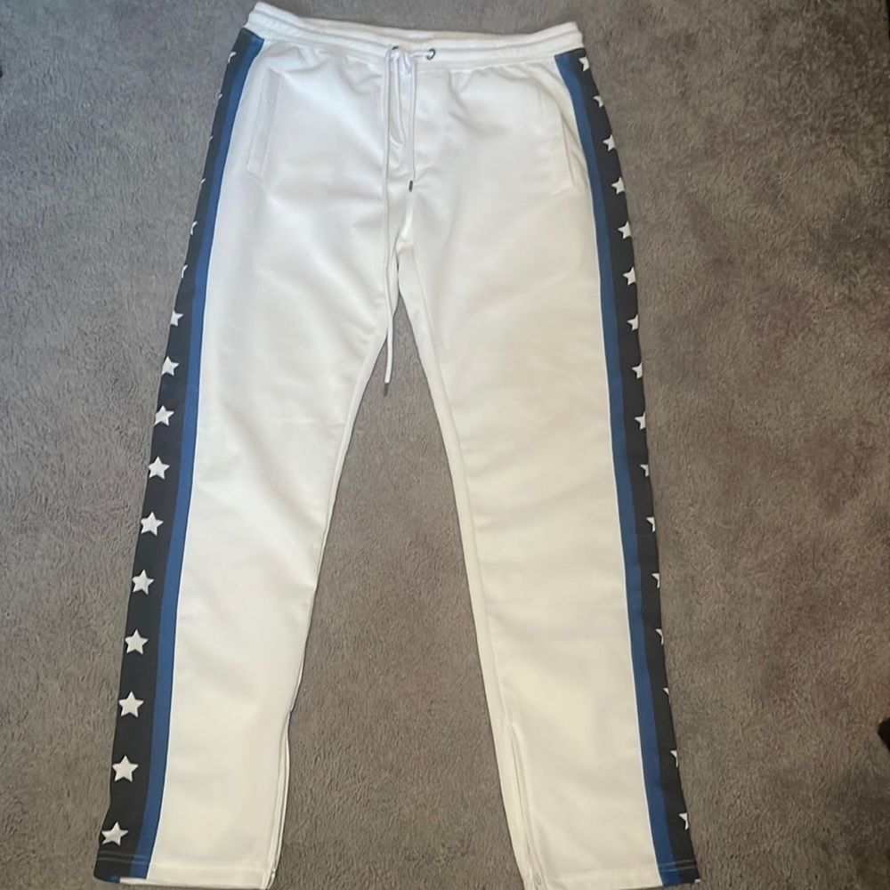 NEW Beautiful white blue and black jogger pants with zipper SIZE LARGE